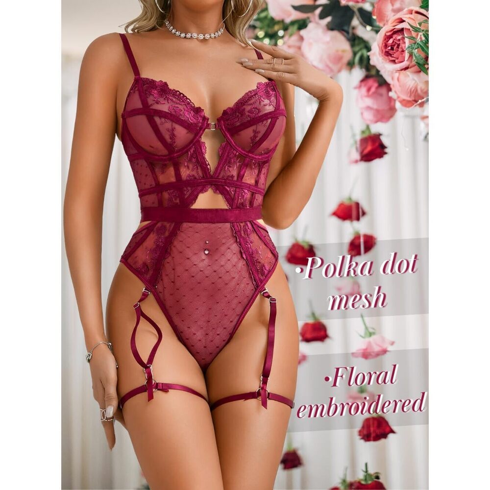 6770 Teddy Lingerie with Garter,Underwire Embroidered Lenceria Sexy,One - Picture 4 of 6